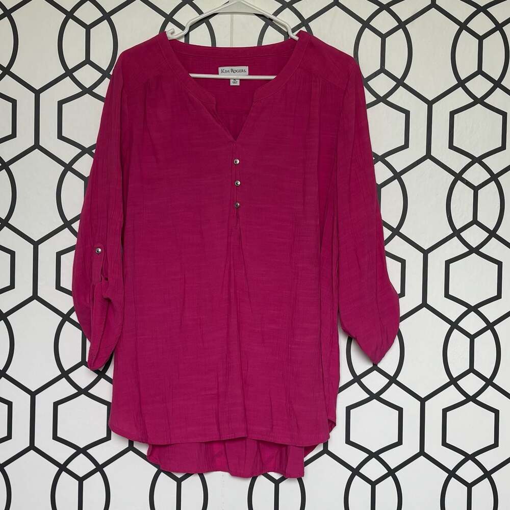 Kim Rogers Pink Roll-Tab Sleeve V-Neck Blouse Size XL